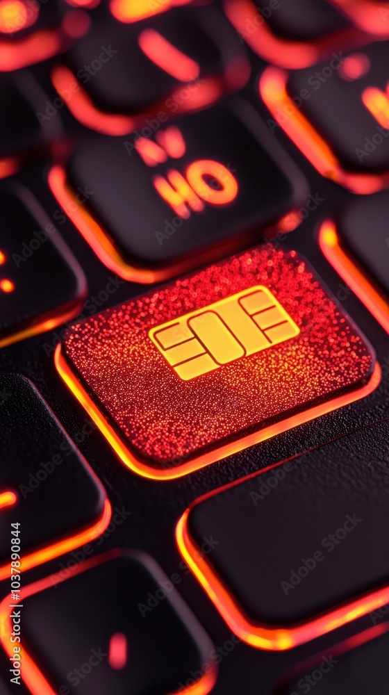 Poster close-up of a vibrant keyboard key highlighting a chip symbol in red glow