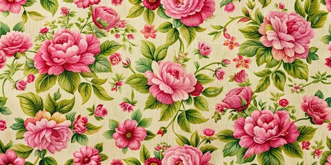 Floral print fabric with pink flowers and green leaves