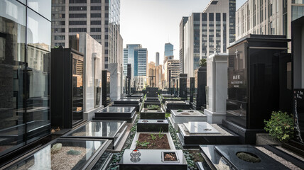 Fototapeta premium modern urban cemetery nestled between skyscrapers, showcasing sleek black tombstones and greenery. serene atmosphere contrasts with bustling city backdrop, evoking reflection and peace