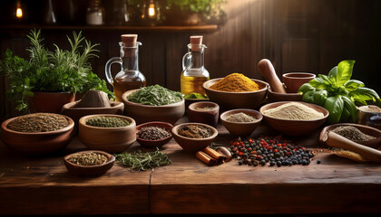 Variety of dried herbs and spices on rustic table
