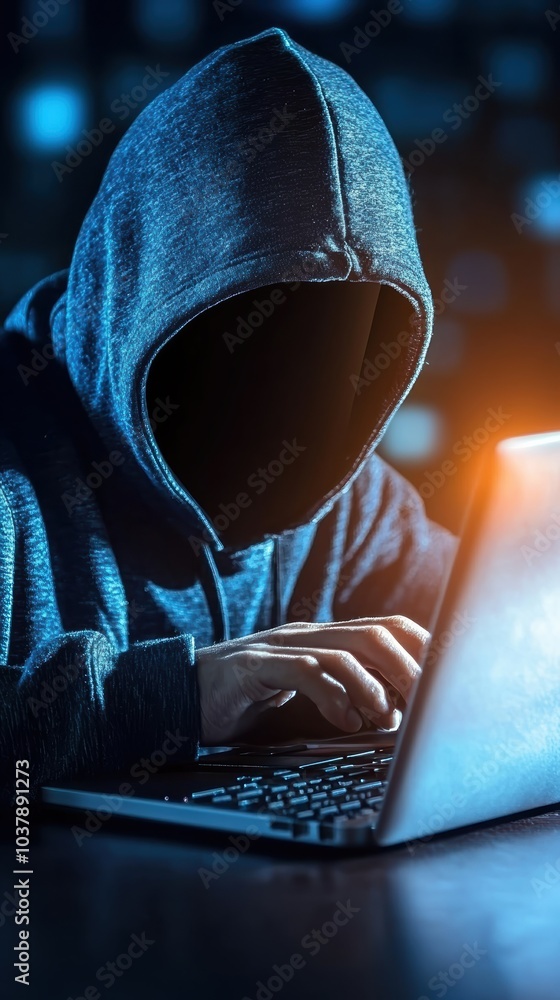 Poster mysterious figure in hoodie using laptop a glimpse into cyber anonymity and digital intrigue