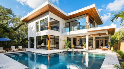 Fototapeta premium Modern Villa with Pool and Tropical Landscaping
