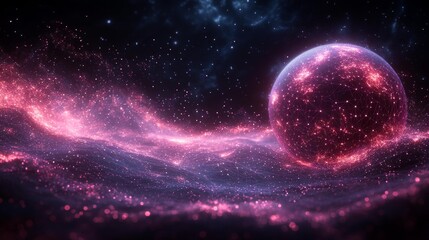 Fototapeta premium Futuristic abstract pink planet with digital mesh and glowing stars on a dark space background sci-fi cosmic scene. Generative AI