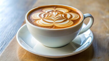 Flower latte art on latte coffee in the white cup with forced perspective