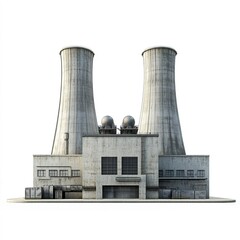 A power plant factory building with large cooling towers, industrial energy sector, 3D rendering, concrete texture, isolated on white background 