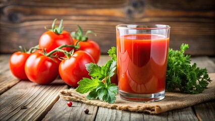 Extreme close-up of fresh organic tomato and tomato juice garnished with parsley for detox