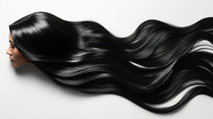 smooth shiny black hair swirls elegantly against a stark white background creating a captivating visual of beauty texture and healthy volume ideal for beauty and hair care promotions