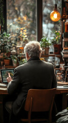 Naklejka premium View from the rear of a mature man sitting at a table in a new residence, using a tablet.
