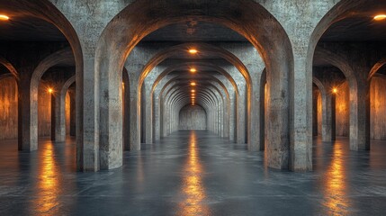 Naklejka premium Majestic Concrete Arches in an Industrial Corridor with Warm Lighting. Generative AI
