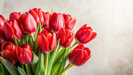 Fototapeta premium Close-Up red tulip bouquet on light background with empty space