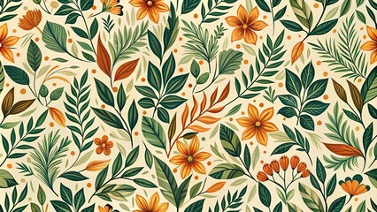Close-Up seamless pattern of dark green orange and light colored leaves and flowers on an off white background