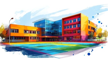 Obraz premium A large urban school building with playground and sports fields, educational complex, digital painting, vibrant colors, isolated on white background 