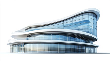 A futuristic school building with curved glass facade, high-tech design, 3D rendering, metallic accents, isolated on white background  