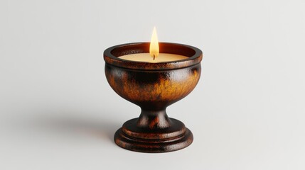 Rustic Candle Holder with Lit Candle on a White Background – Vintage-Style Home Decor Piece. Generative AI