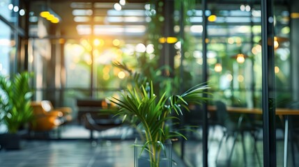 Fototapeta premium Blur background of glass walled office with modern furniture and plants