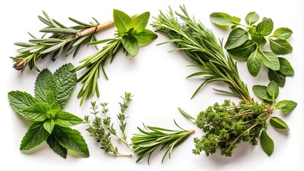 Obraz premium Fresh herbs including rosemary, mint, oregano, and thyme reflected on a white background