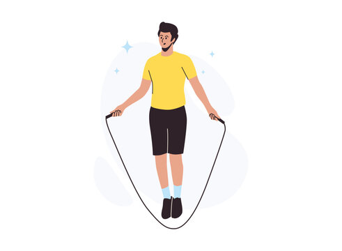Man jumping rope, mid-air, in yellow shirt and black shorts, highlighting cardio workout.