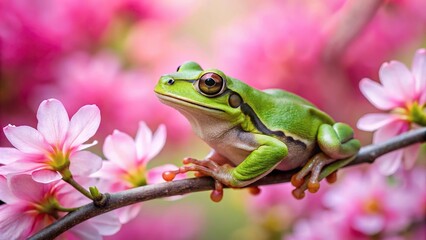 Close-up shot of a green tree frog on a pink spring flower