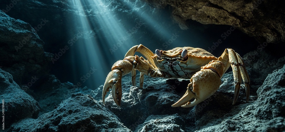 Poster a large crab emerges from a cave with a ray of light shining on it.