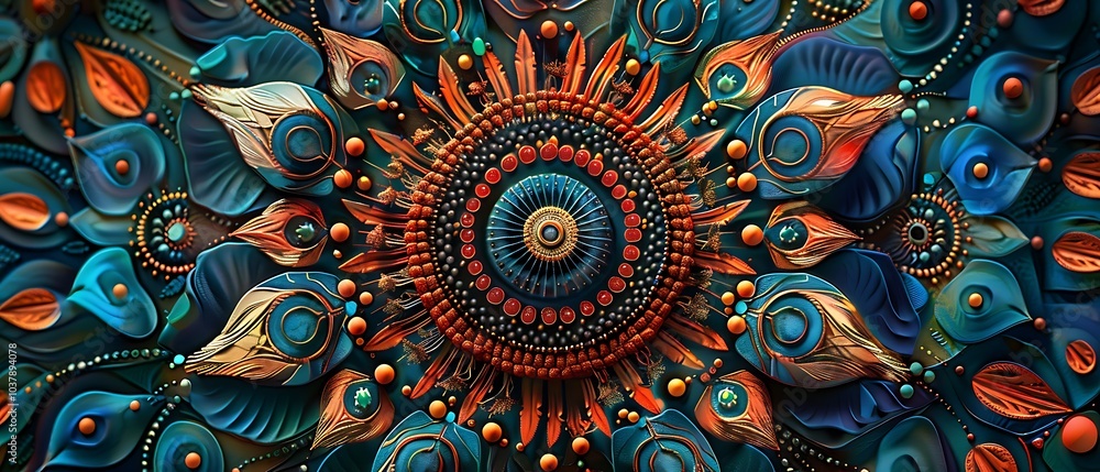 Poster intricate mandala design with vivid colors and abstract patterns evoking energy and harmony in artis