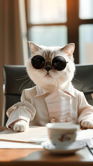 An adorable cat exudes style and charm in round sunglasses and a white suit, confidently sitting at an office desk with a cup of coffee, showcasing its fashionable and sophisticated side