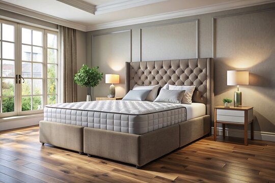Close-up shot of a modern bedroom featuring a box spring bed
