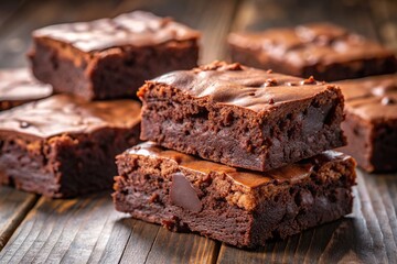 Close-up shot of a stack of fudgy brownies with a tilted angle