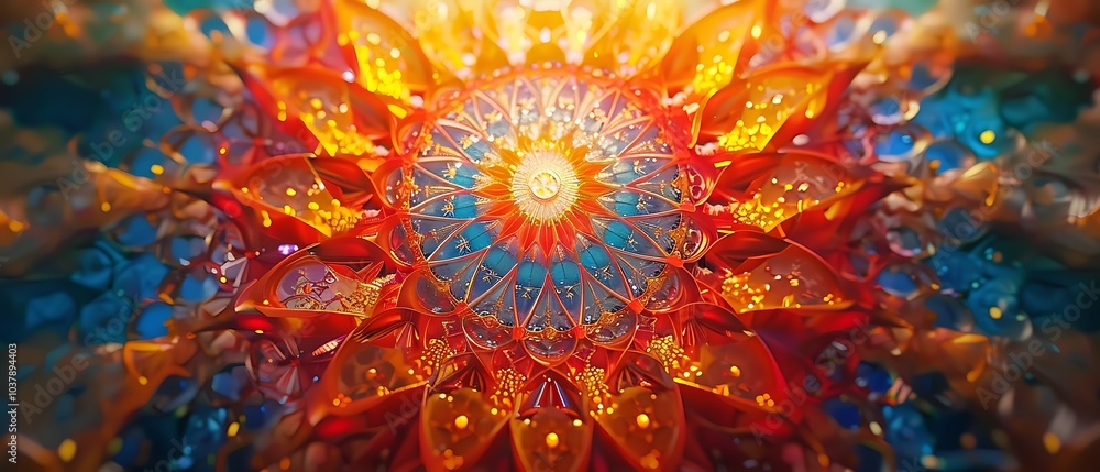 Poster vibrant mandala patterns exploring the intricate dance of color and light in a mesmerizing floral de