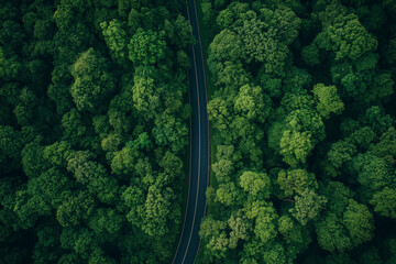 Naklejka premium Aerial View of Winding Road Through Lush Green Forest