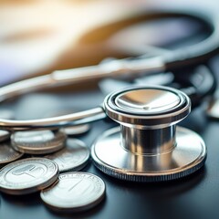 Exploring the Intersection of Health and Finance Stethoscope and Coins Symbolizing Medical Expenses