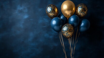 Dark blue wall with black and gold birthday balloons – party decor and celebration theme. Generative AI