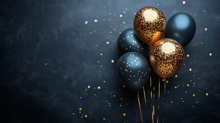 Elegant black and gold birthday balloons with sparkling confetti on a dark background creating a luxurious party atmosphere ideal for event promotion or celebration design. Generative AI