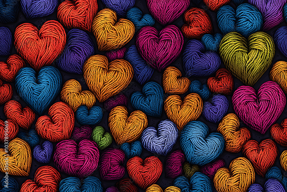 Poster a colorful array of heart shapes made from yarn, symbolizing love and creativity.