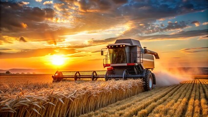Fototapeta premium Close-up shot of combine harvester harvesting wheat at sunset