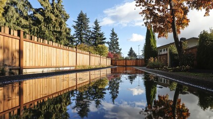 Obraz premium Backyard with standing water reflecting the surrounding trees and sky, capturing the serene beauty of nature's reflection and the tranquility of a still moment.