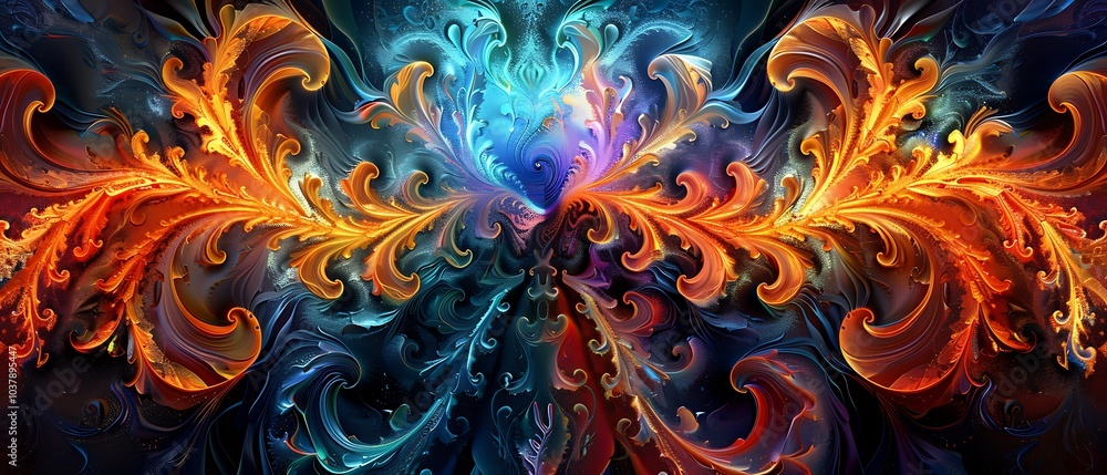 Poster captivating swirls of color an enchanting dance of fractal patterns and organic forms in a vivid abs
