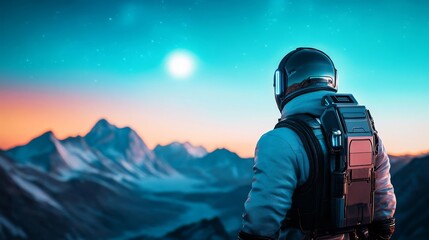 Alien mountain range, glowing blue skies, futuristic explorer, high-tech suit