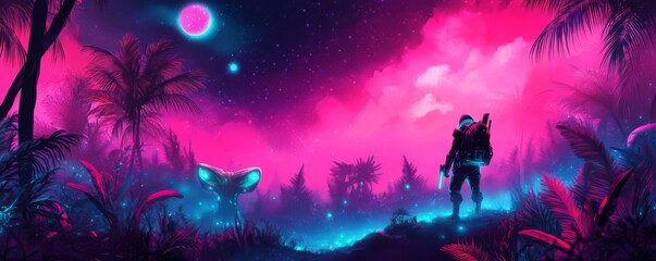 Fototapeta premium Bioluminescent forest with explorer, neon-lit sky, alien wildlife
