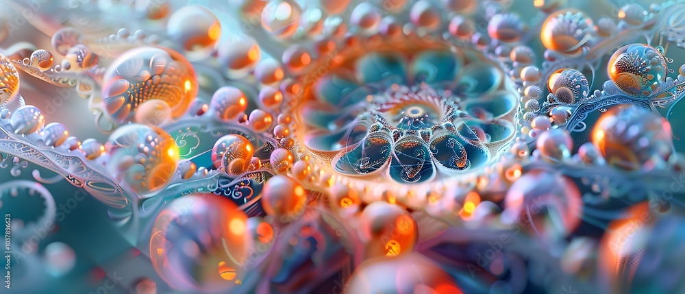 Aufkleber intricate swirls of colorful bubbles a captivating digital exploration of fractal patterns and textu