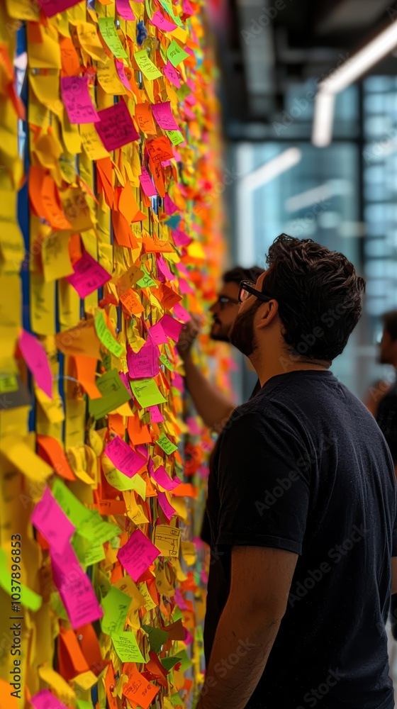 Poster collaborative brainstorming session with colorful sticky notes on wall for creative ideas