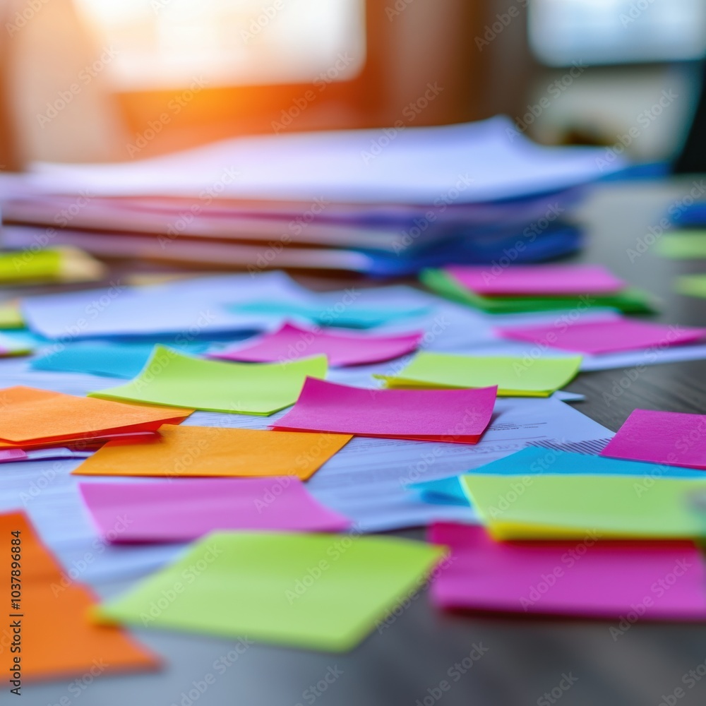 Poster creative organization streamlining ideas with colorful post-it notes for enhanced productivity