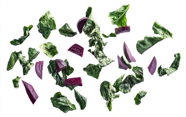 Fresh beet greens and slices falling on a white background vibrant vegetable stock image. Generative AI