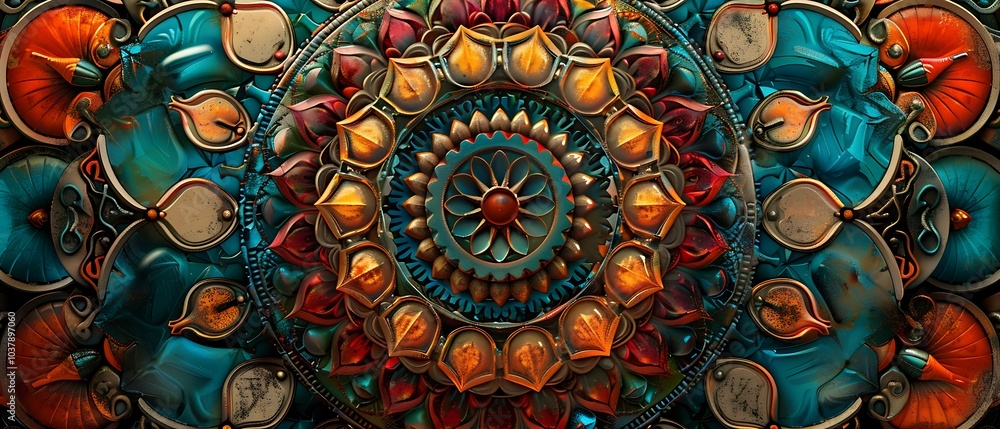 Poster intricate mandala art with vibrant colors and patterns symbolizing harmony and balance in design aes