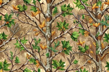 Forest camouflage pattern with tree branches and twigs seamless repeatable background