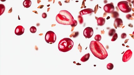 Cranberry Slices and Seeds Floating in Mid-Air Isolated on White Background Conceptual Berry Food Art Vibrant Red Cranberries. Generative AI