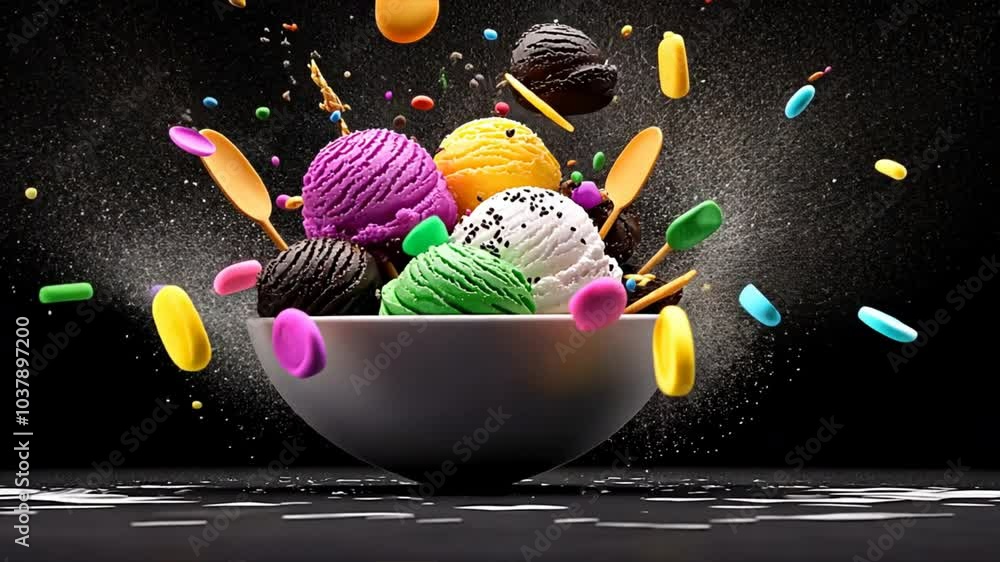 Poster ice cream explosion: a vibrant bowl of assorted ice cream scoops explodes with colorful sprinkles an