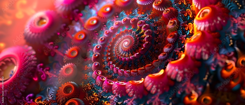 Poster explore the vibrant intricacies of spiral patterns in abstract art a journey through colorful depths