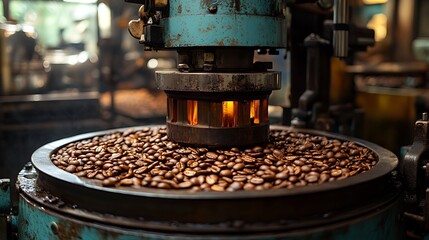 Close-up of coffee beans roasting in a vintage machine.