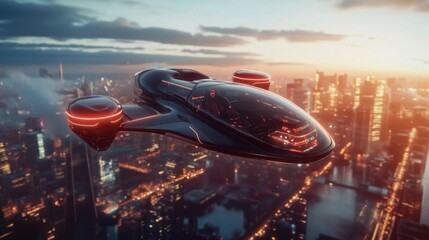 Obraz premium A sleek, autonomous flying car hovering above a futuristic city, with glowing navigation lights and a transparent cabin.