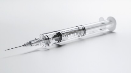 transparent medical syringe with a precise needle tip, placed on a white background, capturing the intricate details of the tool